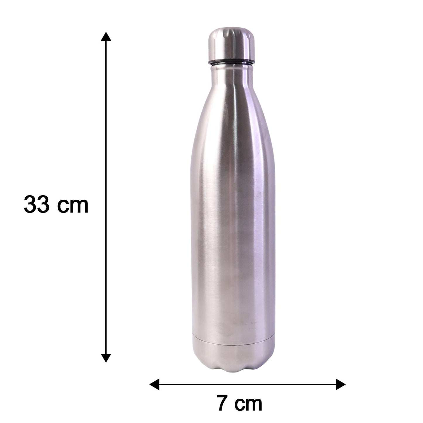 A silver stainless steel water bottle stands upright with arrows indicating its height of 33 cm and width of 7 cm.