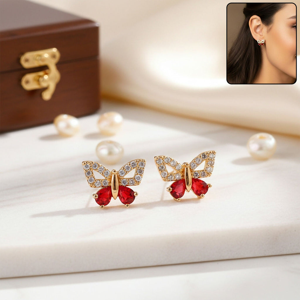 Butterfly Shape CZ Stud Earrings with Red Stone for Women & Girls
