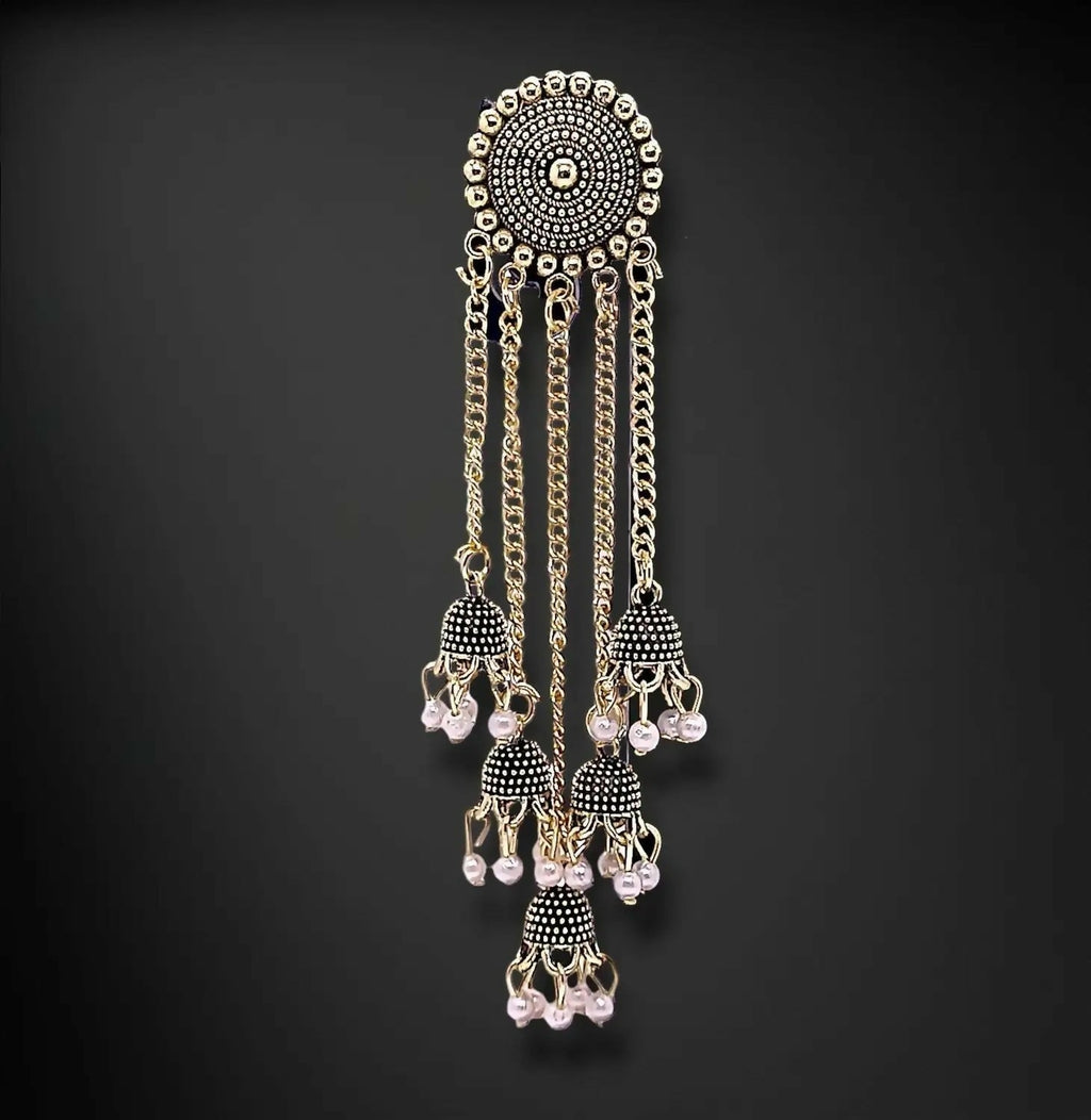 Traditional Gold Tone Jhumka Earrings with Pearl Drops and Elegant Layered Chain Design for Women