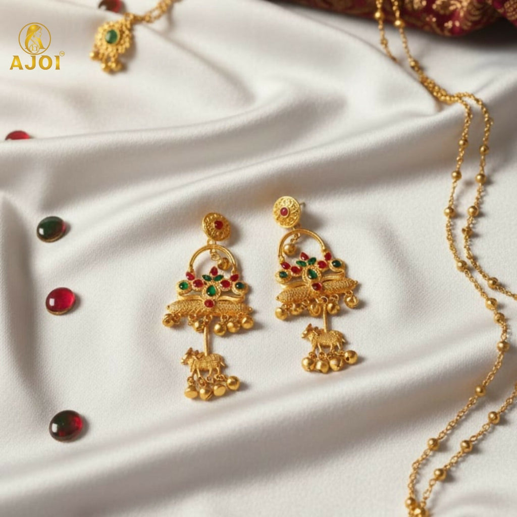 Antique Gold-Plated Red & Green Stone Tribal Drop Earrings with Cow Earrings
