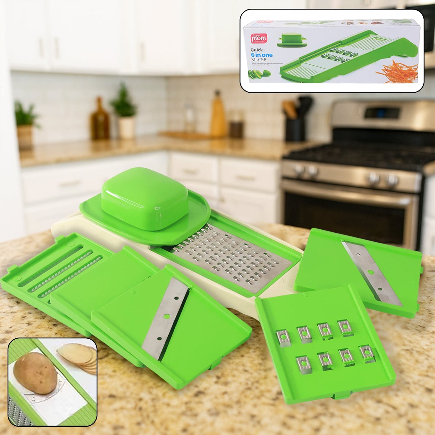 6-in-1 vegetable slicer with stainless steel blades on kitchen counter