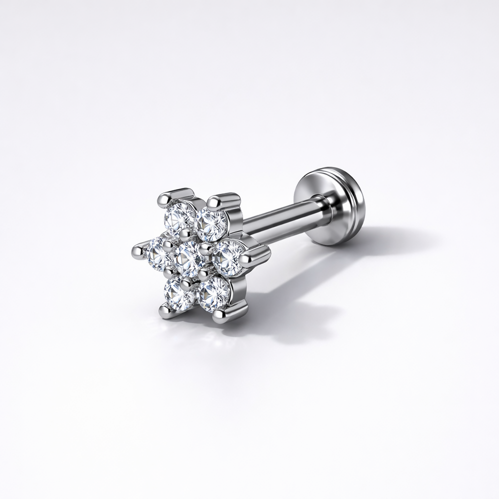 Silver Plated Crystal Flower Flat Back AD Stud Earring Pack of 1 PCS