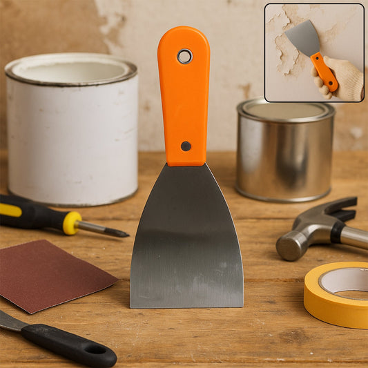 Putty knife with a soft rubber handle and flexible blade, ideal for drywall and painting tasks.