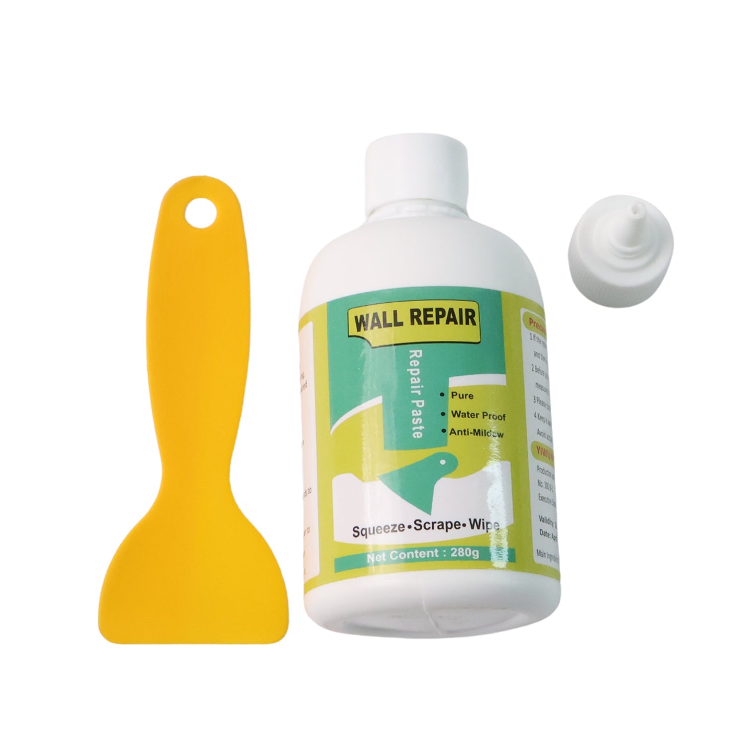 Wall crack repair cream tube alongside scraper and nozzle tools
