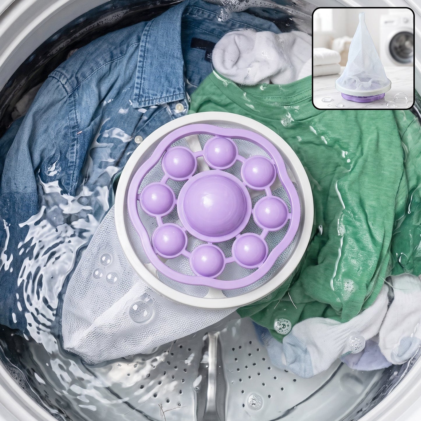 A purple and white floating lint mesh bag in a washing machine with blue and green clothes.