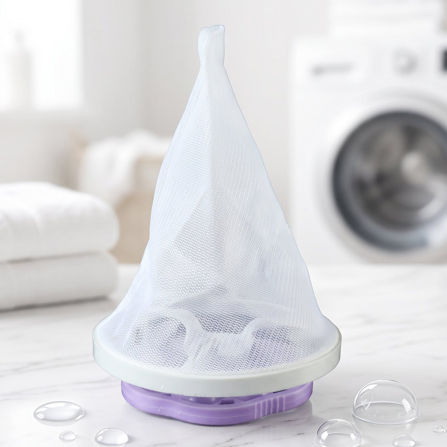 A purple and white floating lint mesh bag on a white counter with a washing machine in the background.