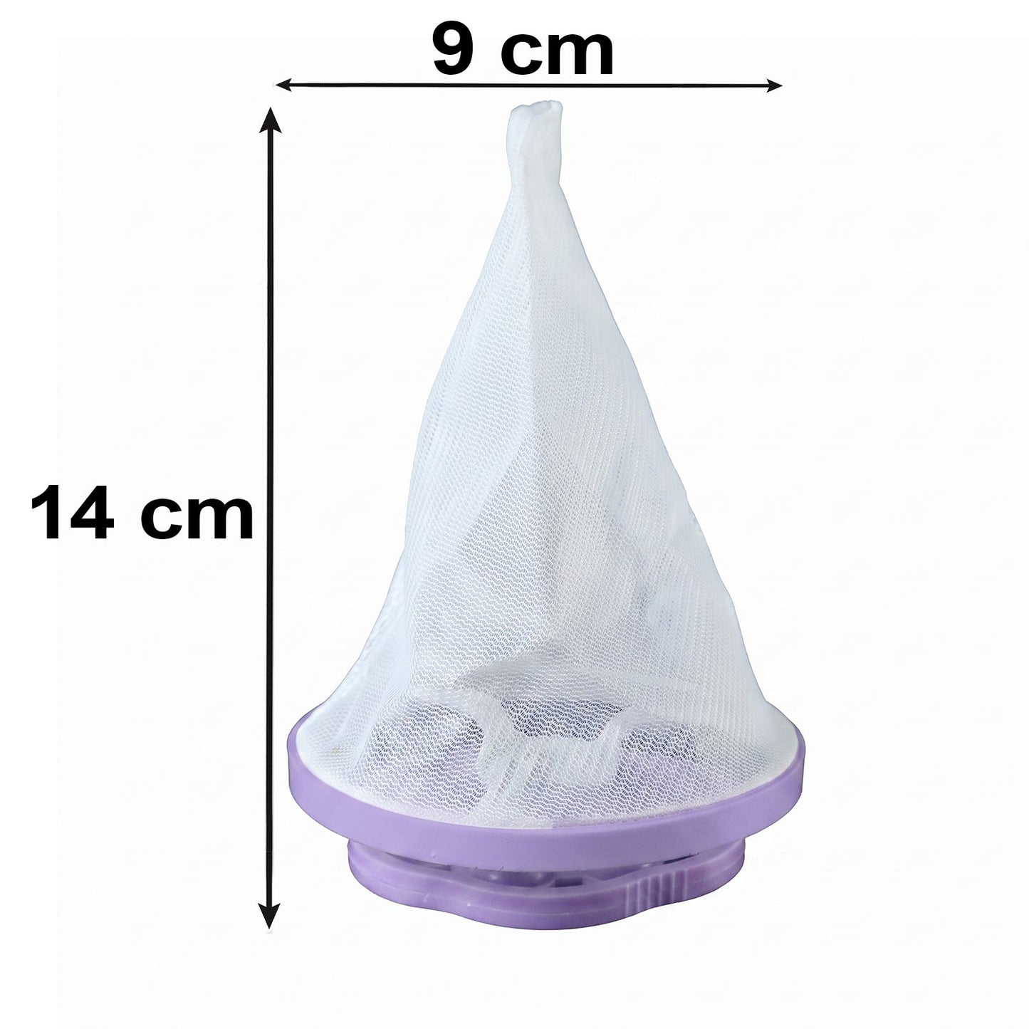 A purple and white floating lint mesh bag with dimensions 14 cm height and 9 cm width.