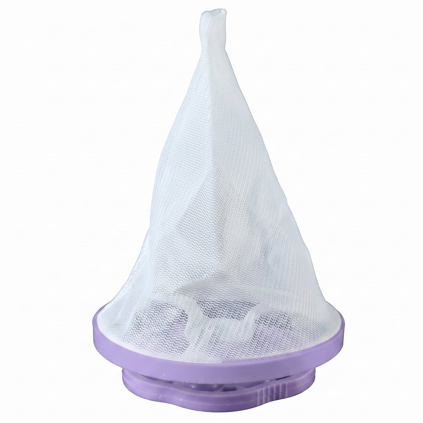 A single purple and white floating lint mesh bag on a white background.