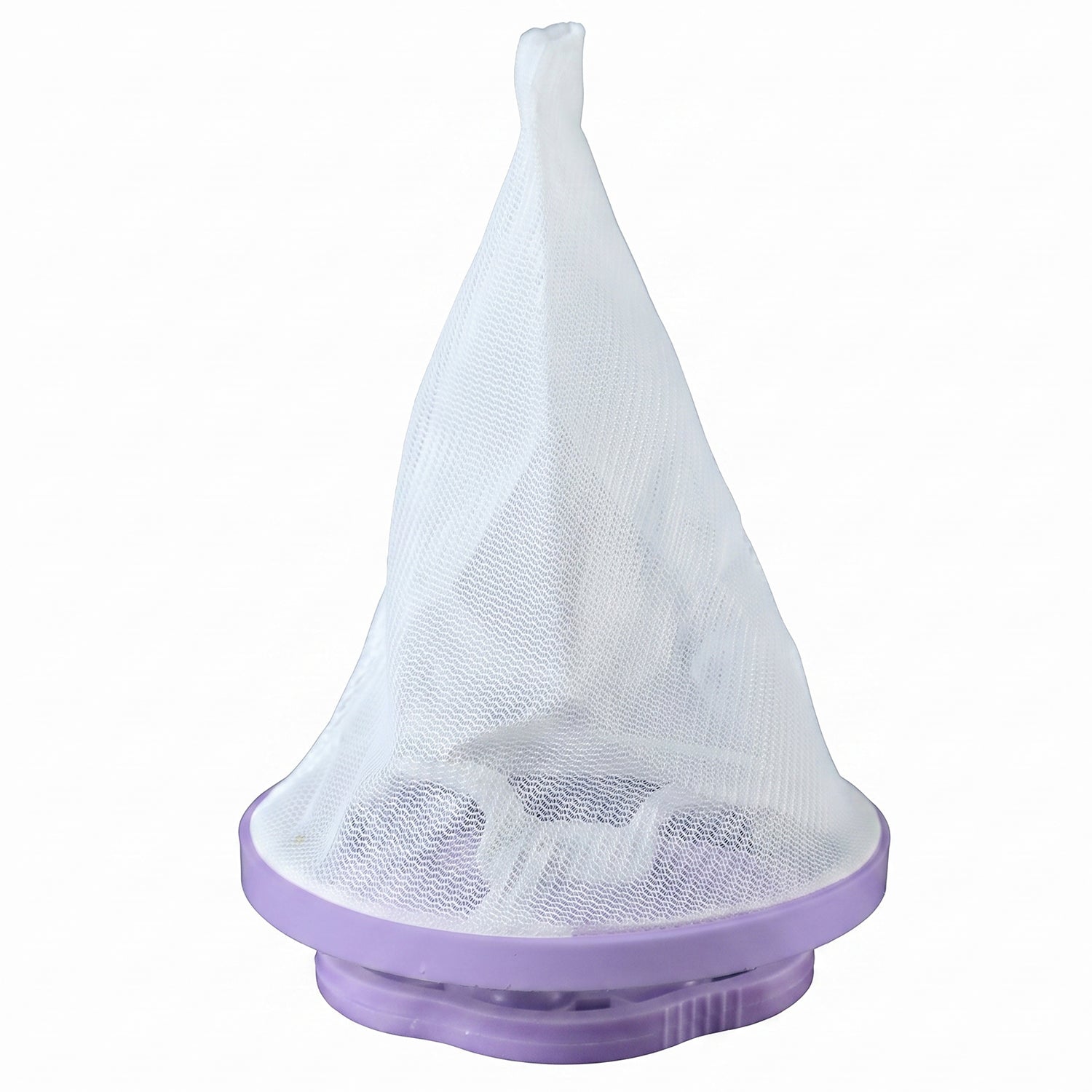 A single purple and white floating lint mesh bag on a white background.