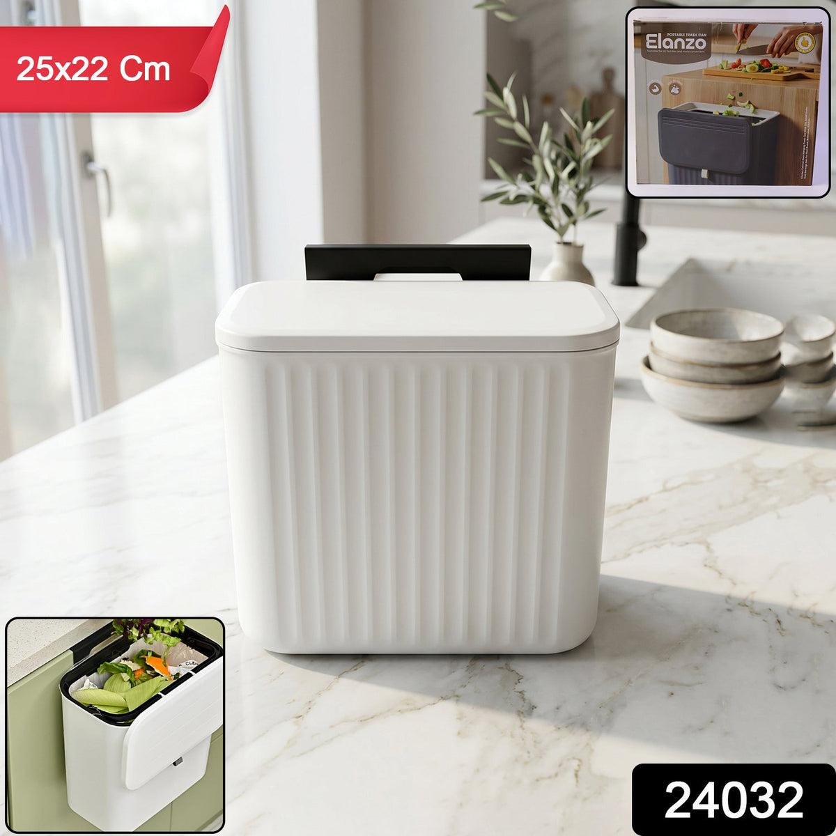 A white ribbed compost bin with a closed lid sits on a marble counter, with an inset of the bin in use.