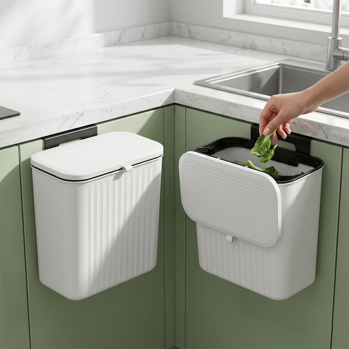 Two white ribbed compost bins, one closed and one open, are mounted on green kitchen cabinets next to a sink.