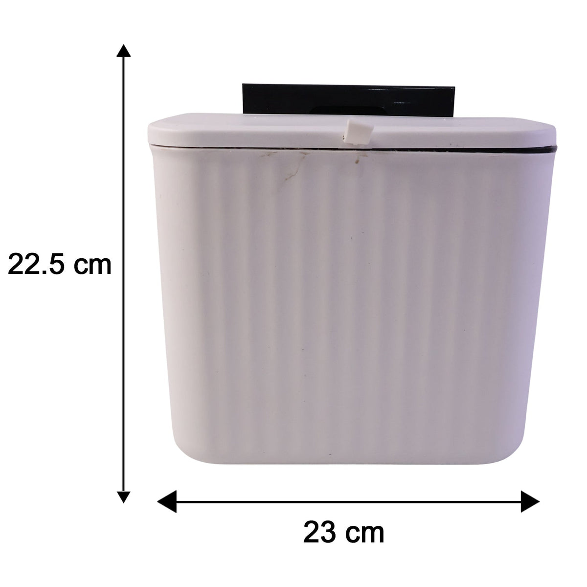 A white ribbed compost bin with a closed lid and black mounting bracket, showing dimensions of 22.5 cm and 23 cm.