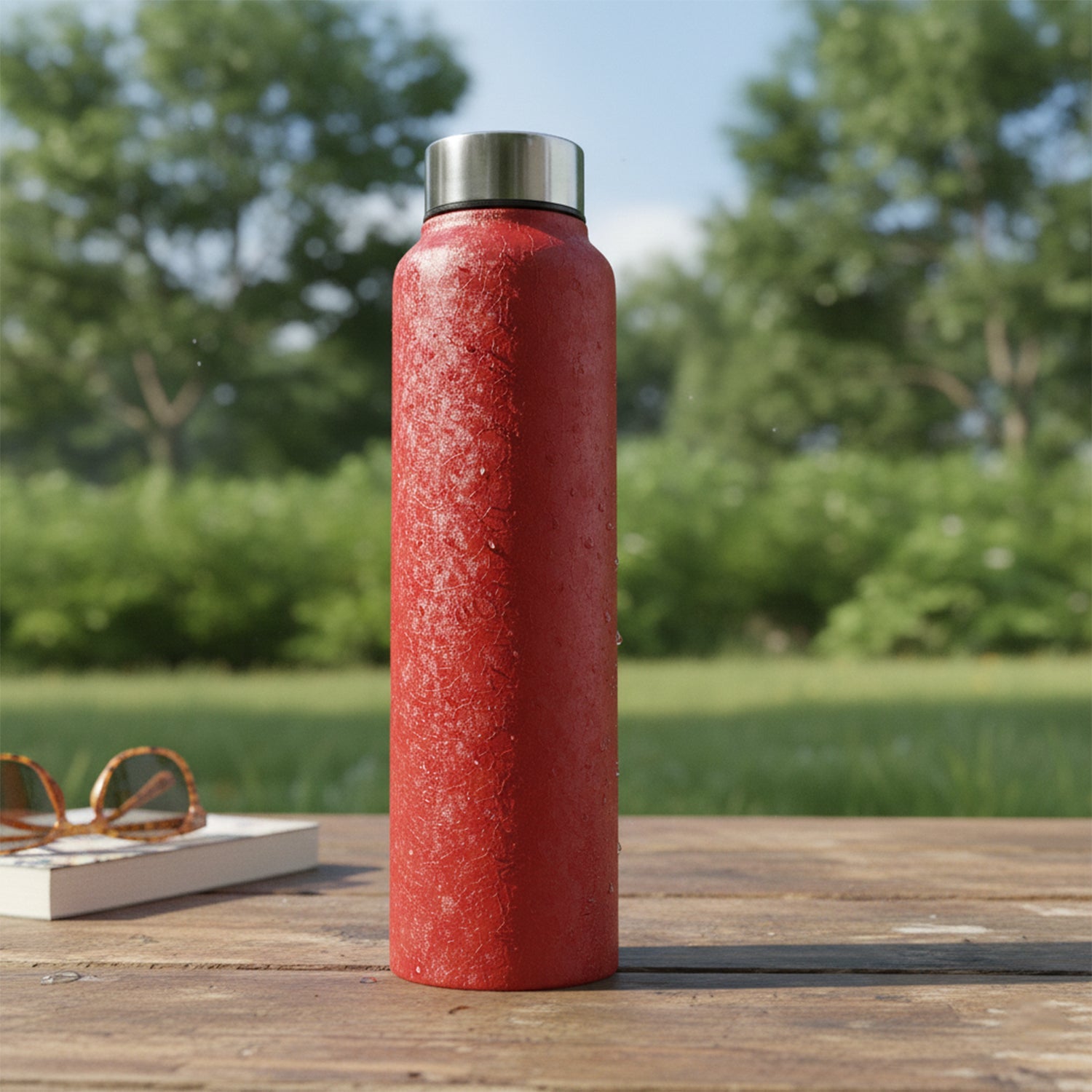Classic cylindrical red water bottle made from stainless steel