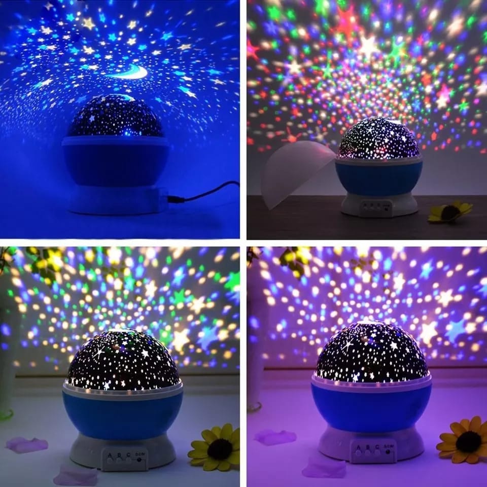 Star Projector Night Lamp casting stars and moon patterns onto a dark wall.
