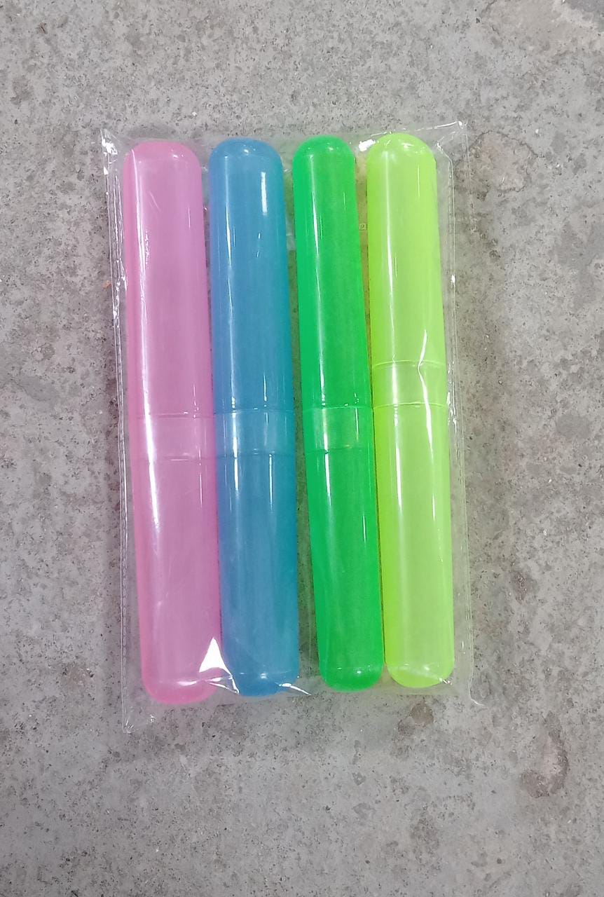 Four colorful toothbrush cases in pink, blue, green, and lime green, packaged together in clear plastic on a gray surface.