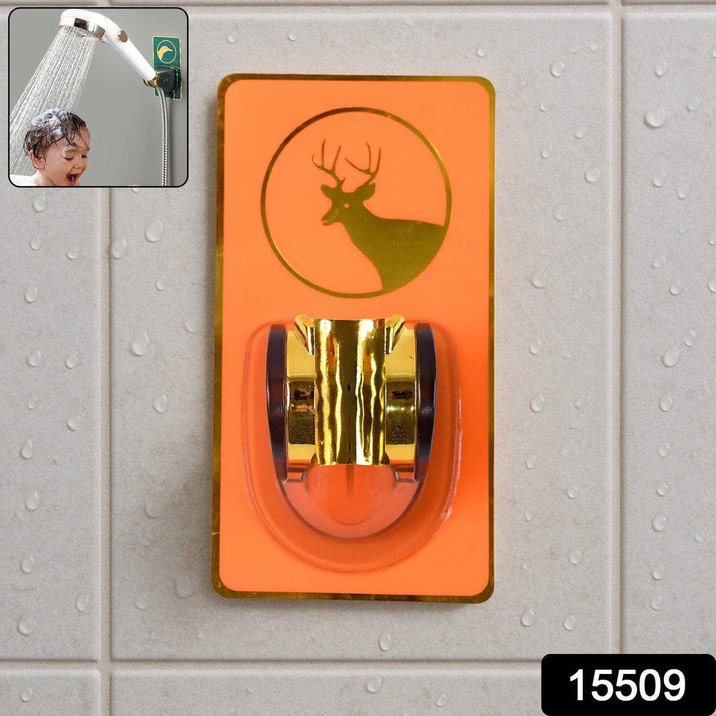 Flexible shower bracket with gold clamp and elegant deer motif design