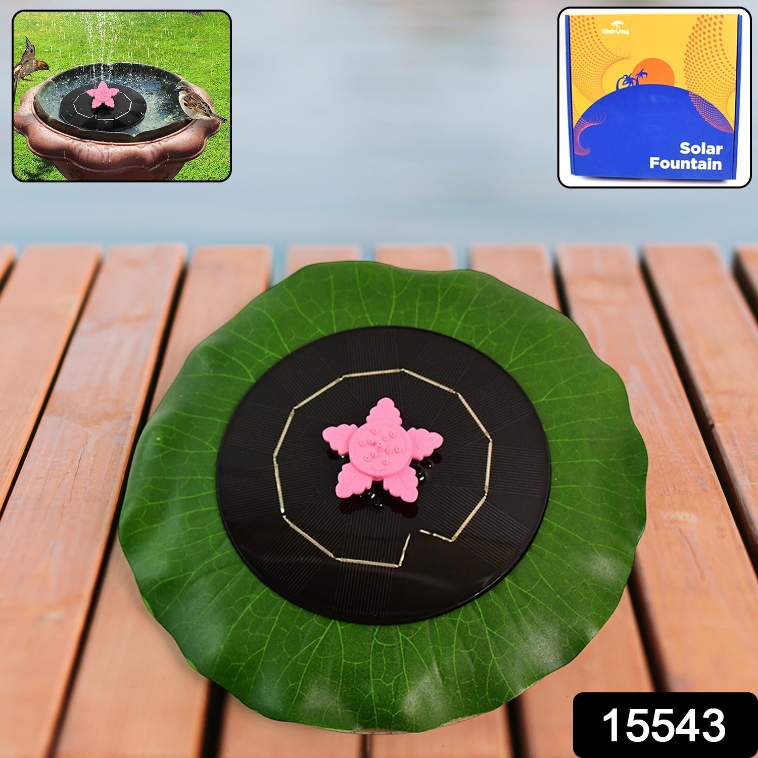 Floating solar water pump operating in pond displaying decorative water jet