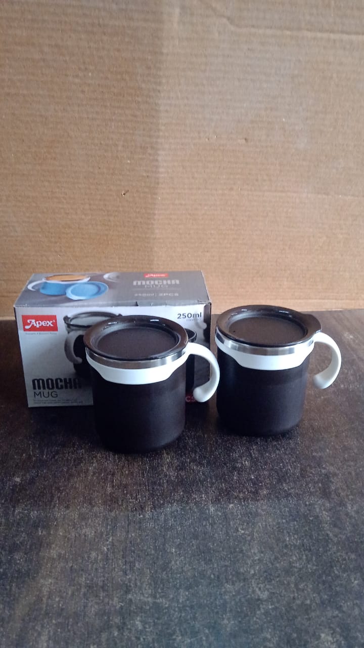 Packaging for the two-piece mocha mug set, ready for gifting.