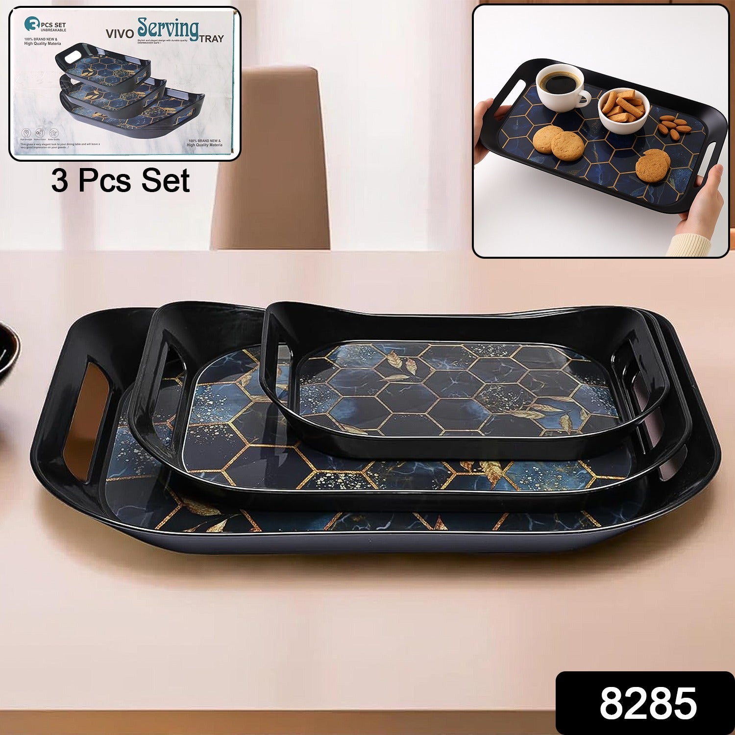 Three nested plastic serving trays stacked showing size variety