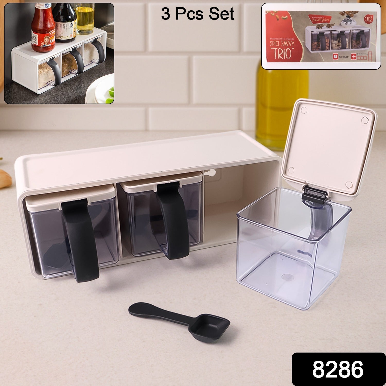 Transparent containers of modular masala storage box set showing clear spice storage