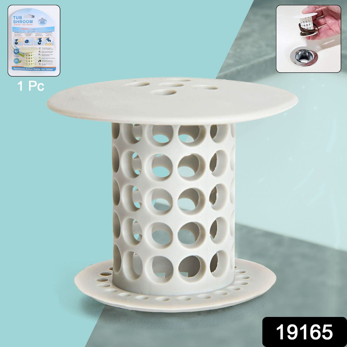 A white silicone tub drain hair catcher stands against a blue and gray background, with an inset of it in a drain and a