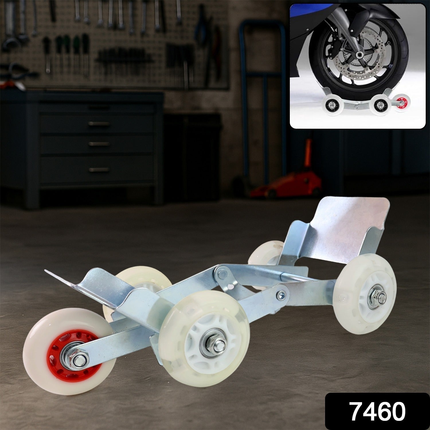 A silver metal roller stand with four white wheels is shown on a concrete floor, with a motorcycle wheel in an inset.