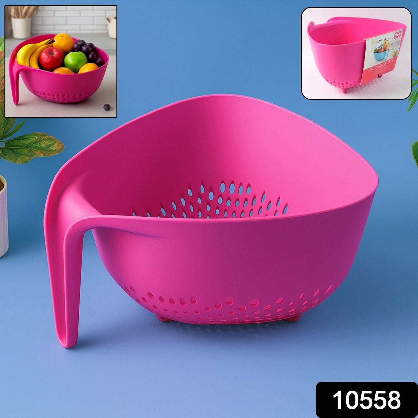 Triangular kitchen colander rinsing fresh vegetables with ergonomic handle in kitchen