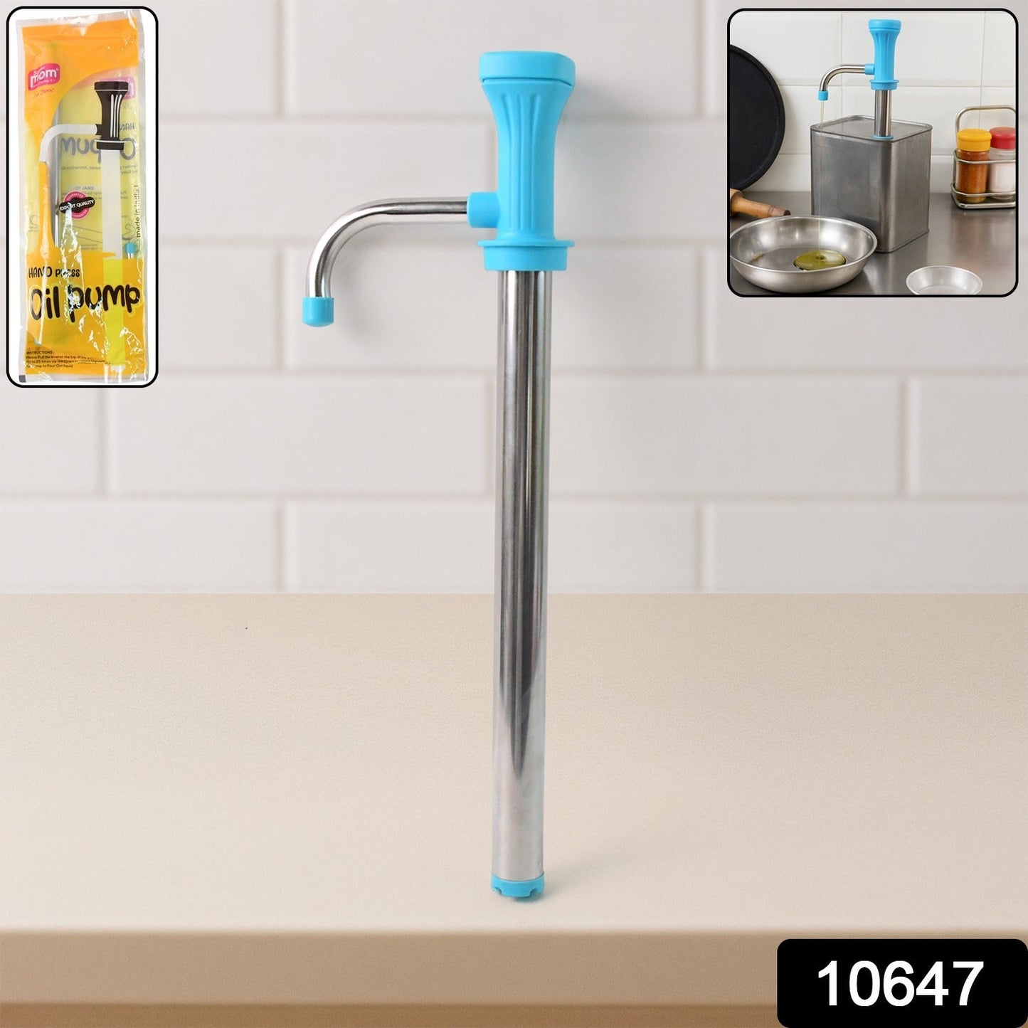Using manual oil pump dispenser pouring cooking oil in kitchen