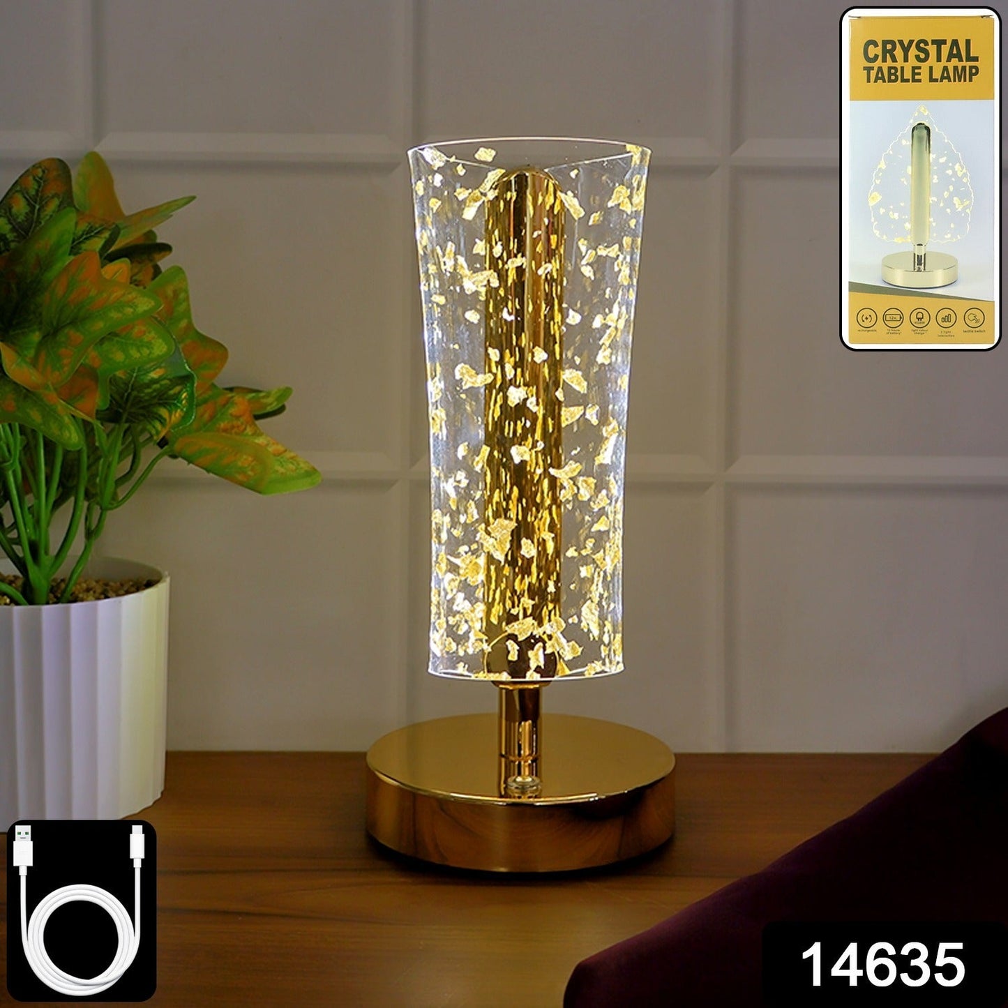 Golden crystal LED table lamp illuminating bedside with warm light