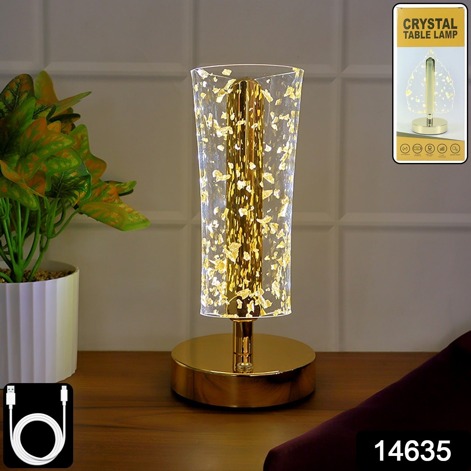 Golden crystal LED table lamp illuminating bedside with warm light