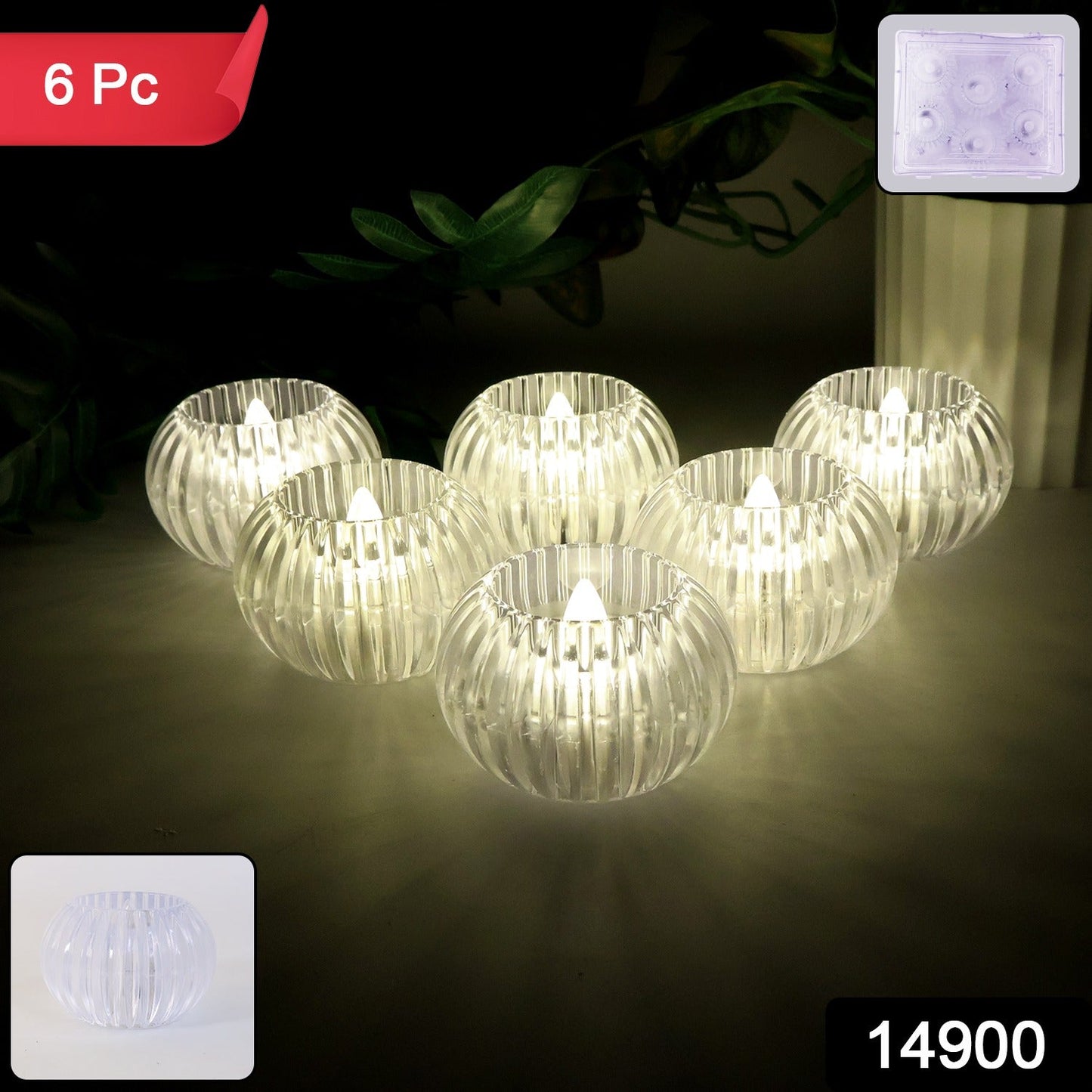 Close-up of crystal design LED flameless tealight candle glowing warmly
