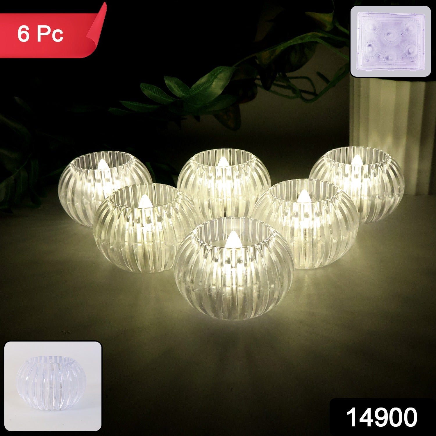 Close-up of crystal design LED flameless tealight candle glowing warmly