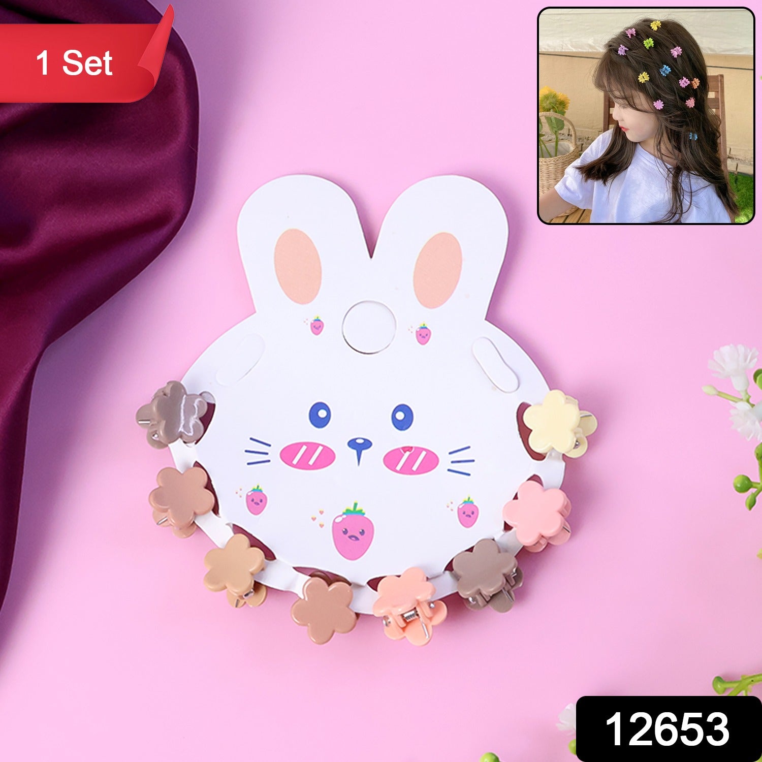 Mini hair claw clips arranged on a bunny-themed display card for kids