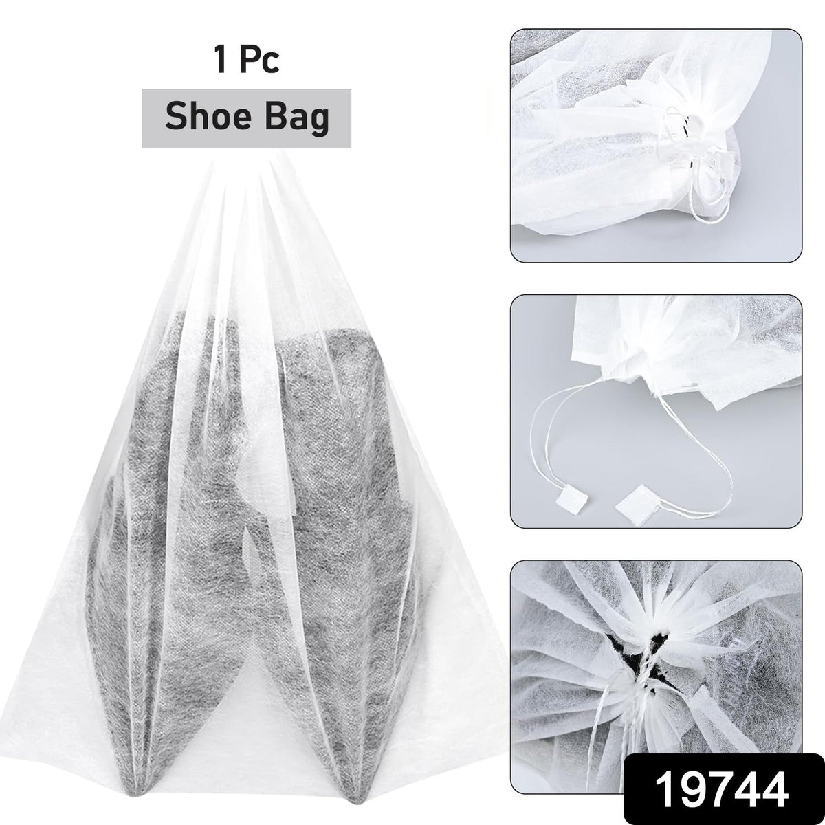A white non-woven shoe bag with dark shoes, alongside three close-up shots of the drawstring closure.