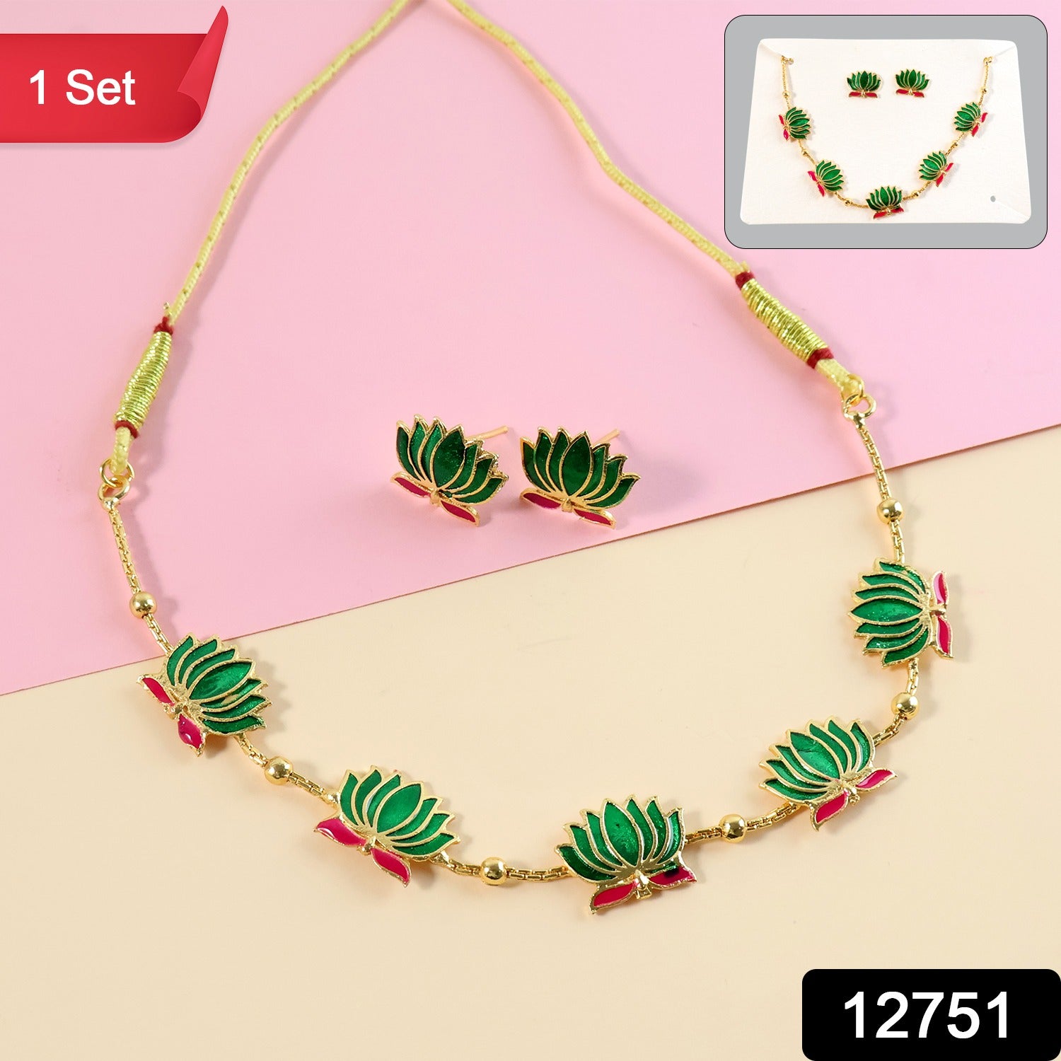 Close-up of lotus motif pendant and matching earrings in green and gold-tone