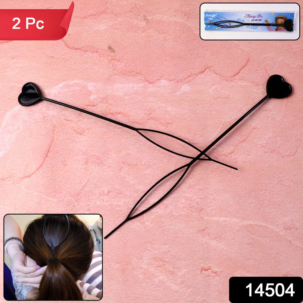 Two black heart-shaped hair styling tools on a pink background, with an inset showing use and packaging