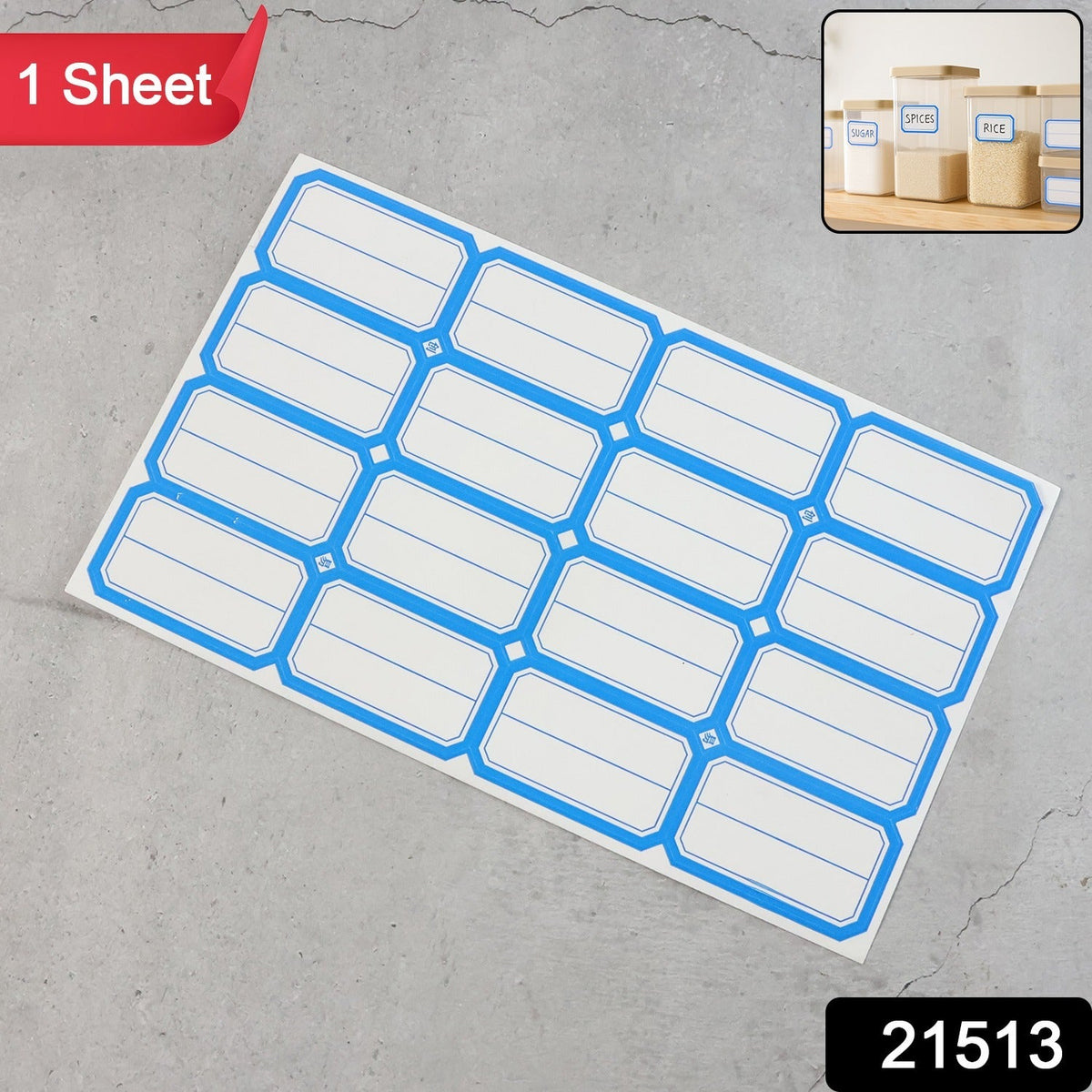 A single sheet of blue-bordered rectangular label stickers with blank white centers is displayed on a gray surface.