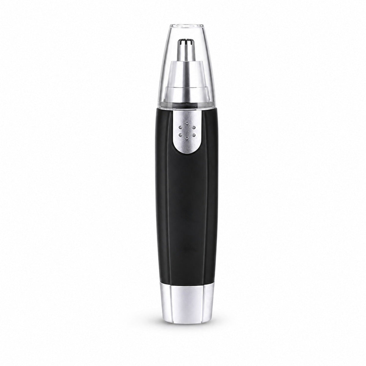 A black and silver nose hair trimmer with a clear cap stands upright on a white background.