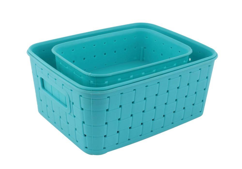 Two sky blue plastic storage baskets, one nested inside the other, on a white background.