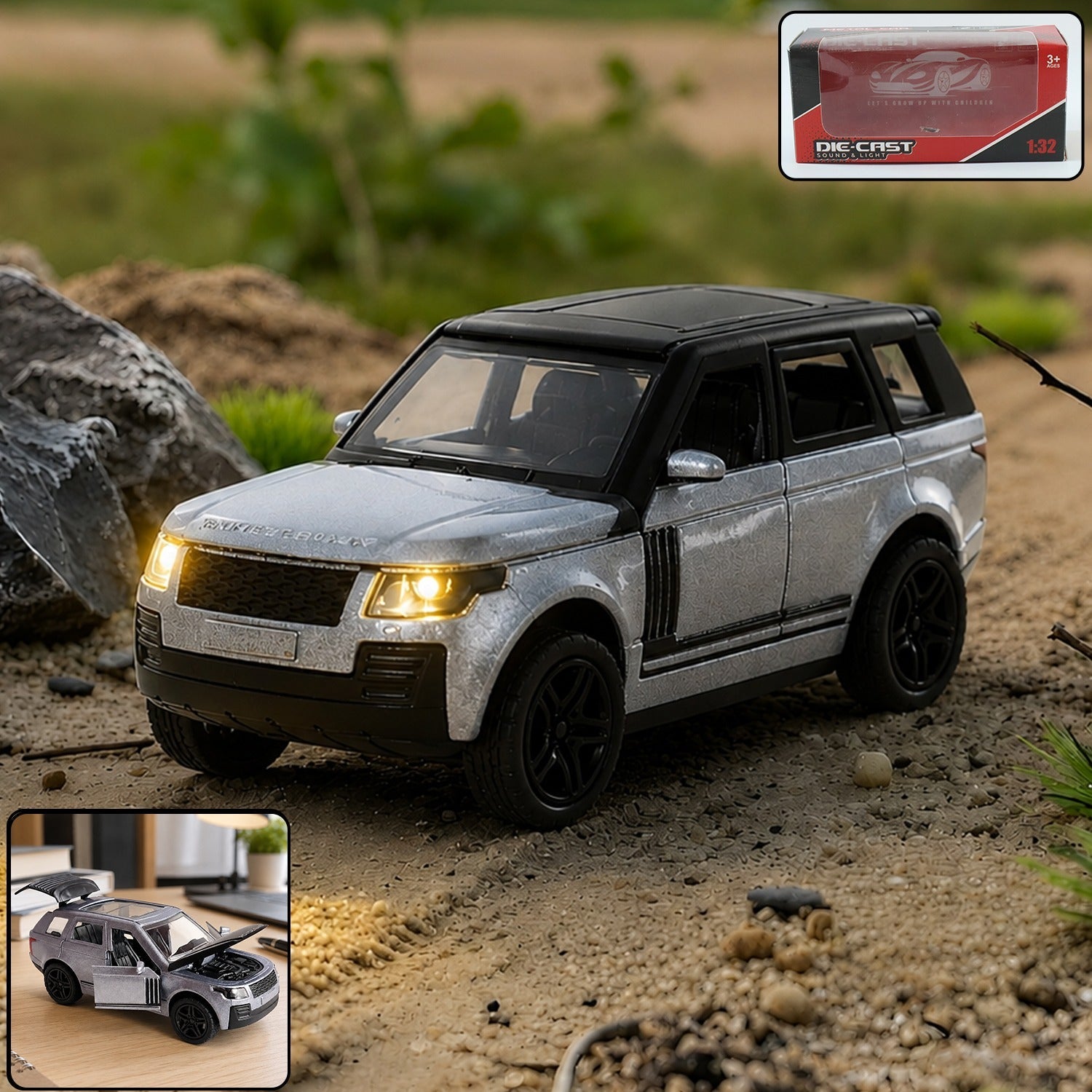 A silver and black die-cast toy SUV with headlights on sits on a dirt path with rocks and greenery.