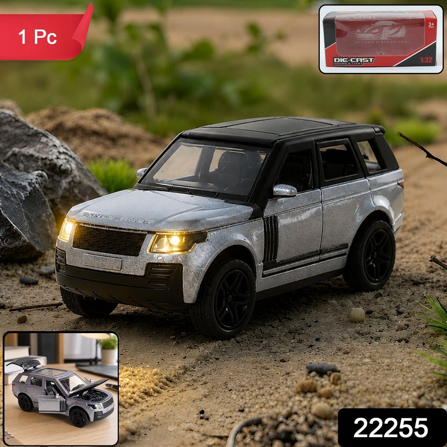 A silver and black die-cast toy SUV with headlights on sits on a dirt path, with a product box in the top right.