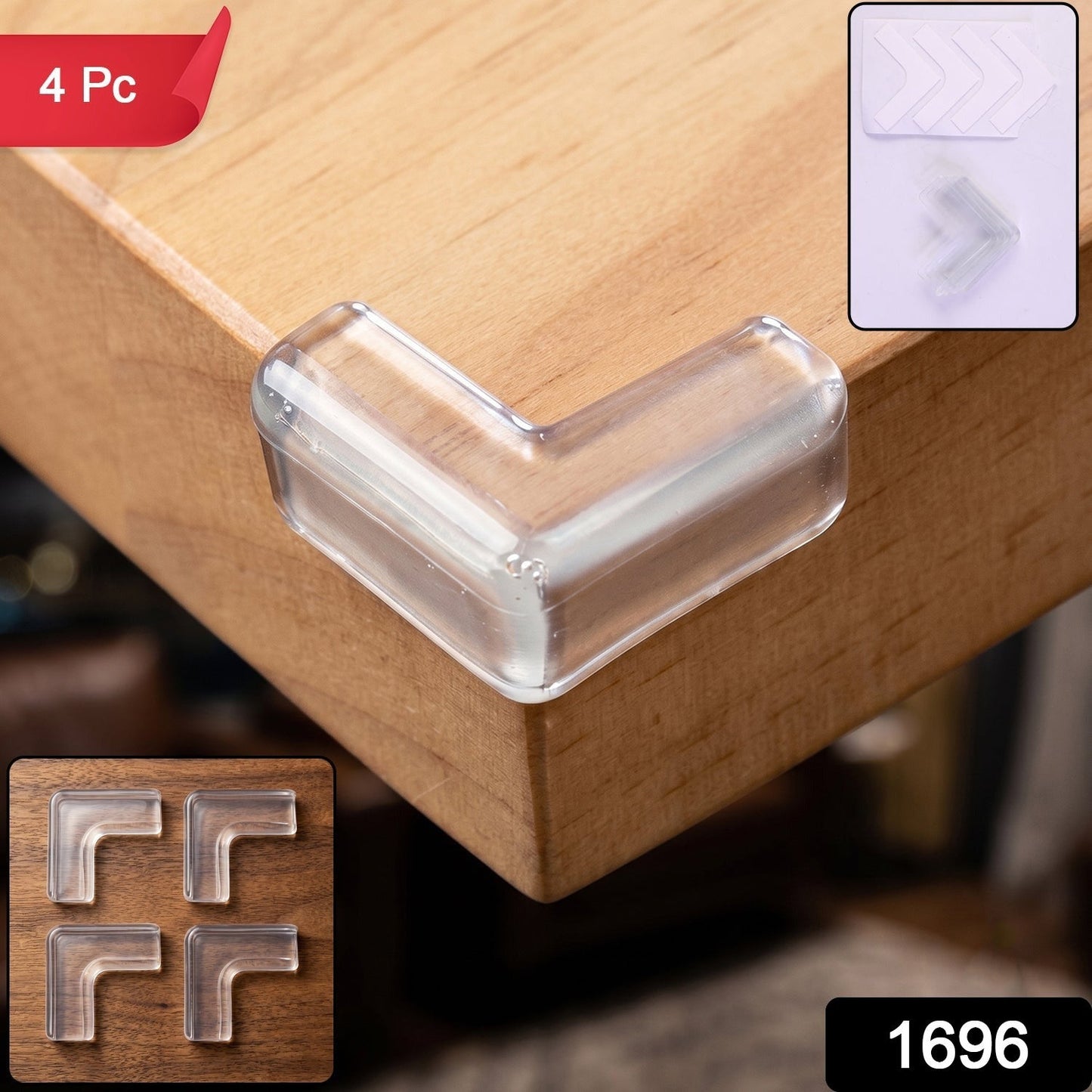 A single clear silicone corner protector is affixed to a light brown wooden table, with a red banner reading "4 Pc" and a