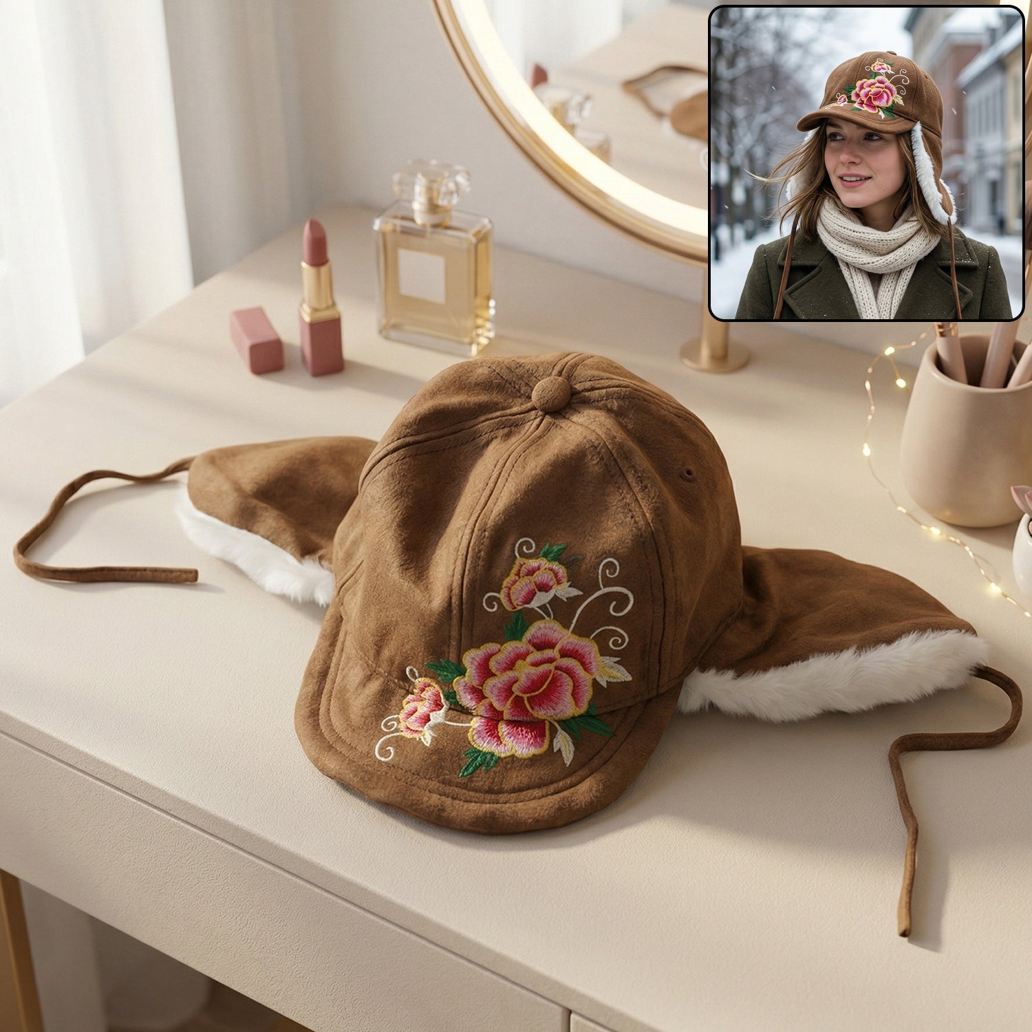 Warm and stylish winter women’s hat with plush lining and extended ear flaps