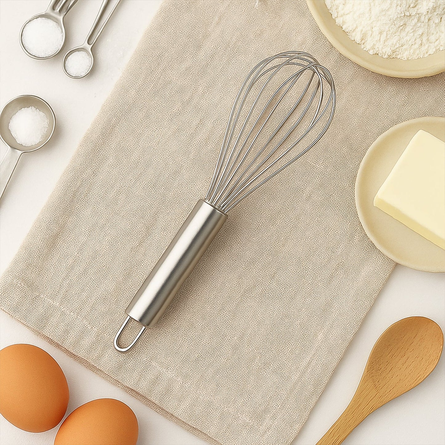Small stainless steel balloon whisk in use mixing batter