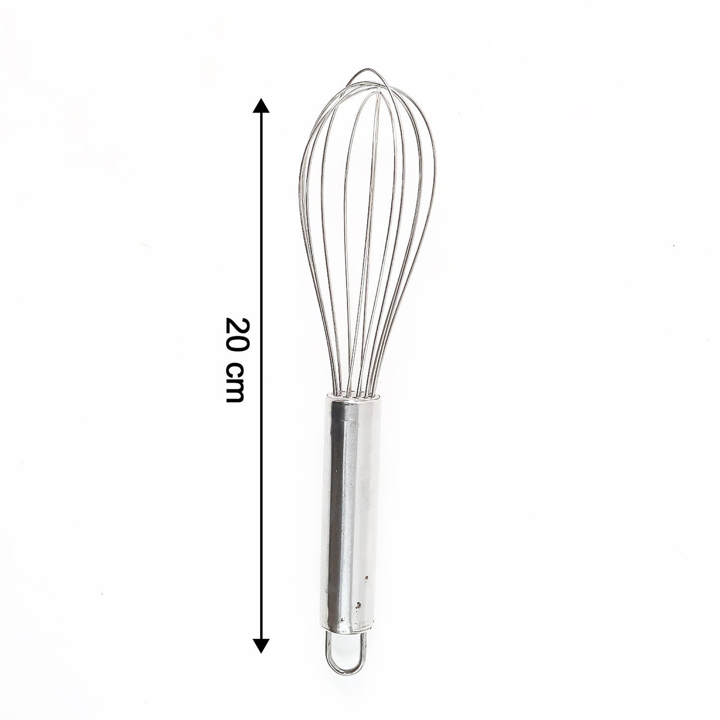 Close-up of small stainless steel balloon whisk showing balloon wires