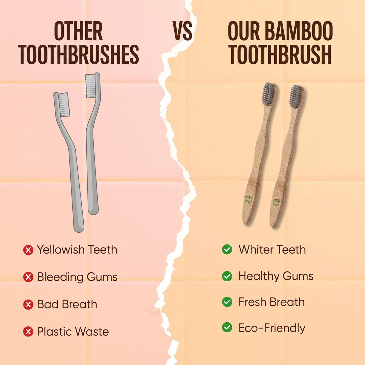 A comparison graphic shows two grey plastic toothbrushes on the left and two bamboo toothbrushes with grey bristles on the