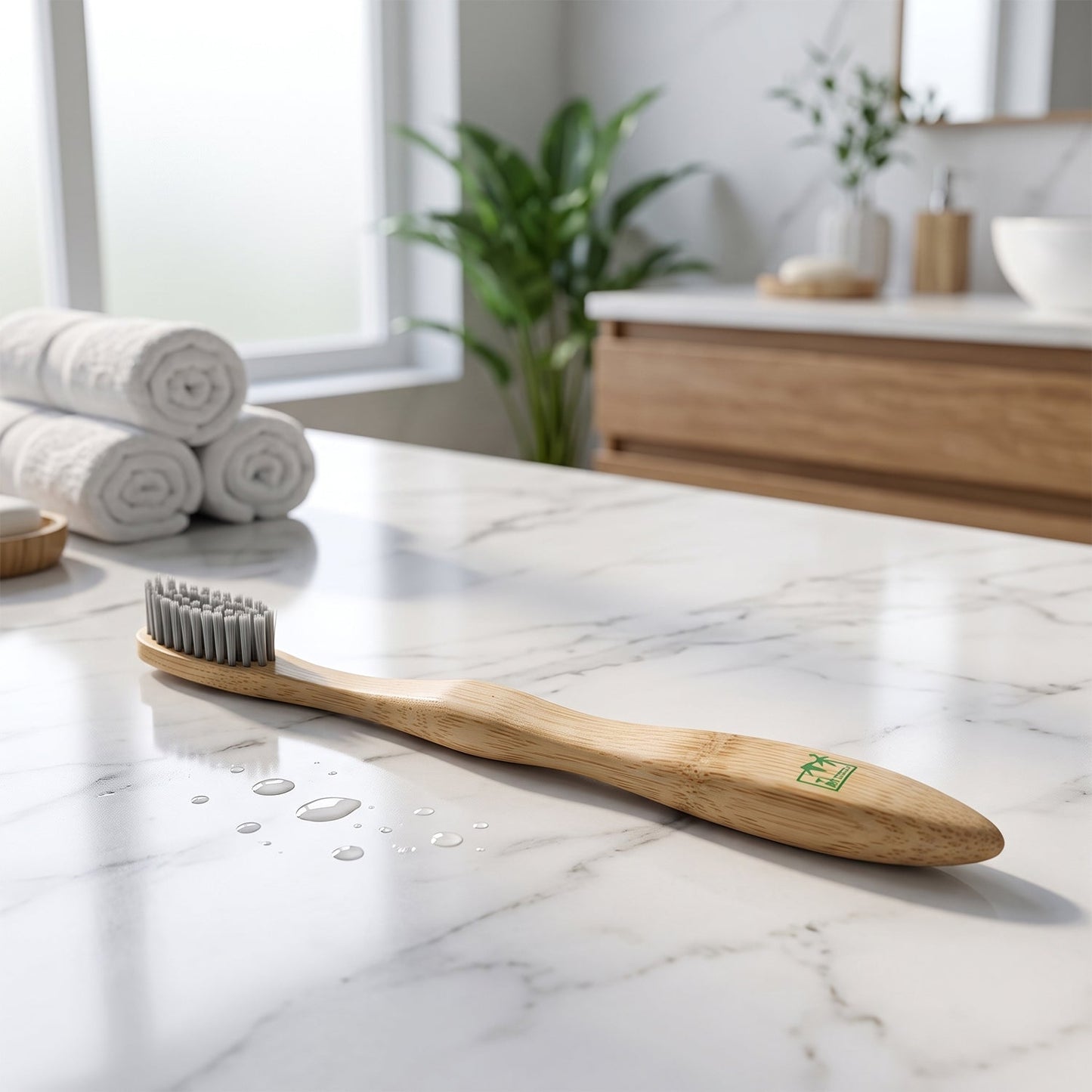 A bamboo toothbrush with grey bristles lies on a white marble counter with water droplets, with rolled towels and a plant in