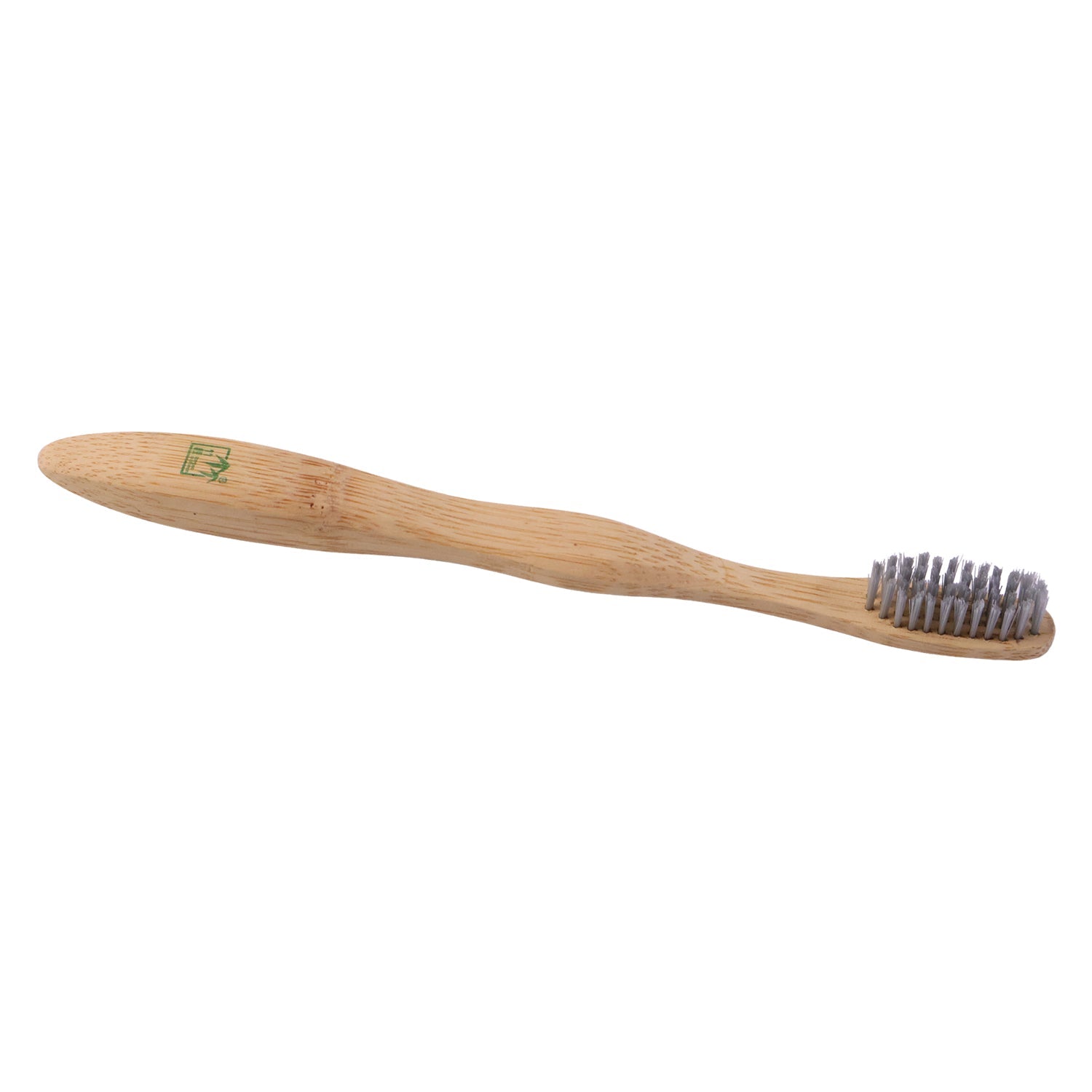 A single bamboo toothbrush with grey bristles is shown on a white background, angled slightly to the right.