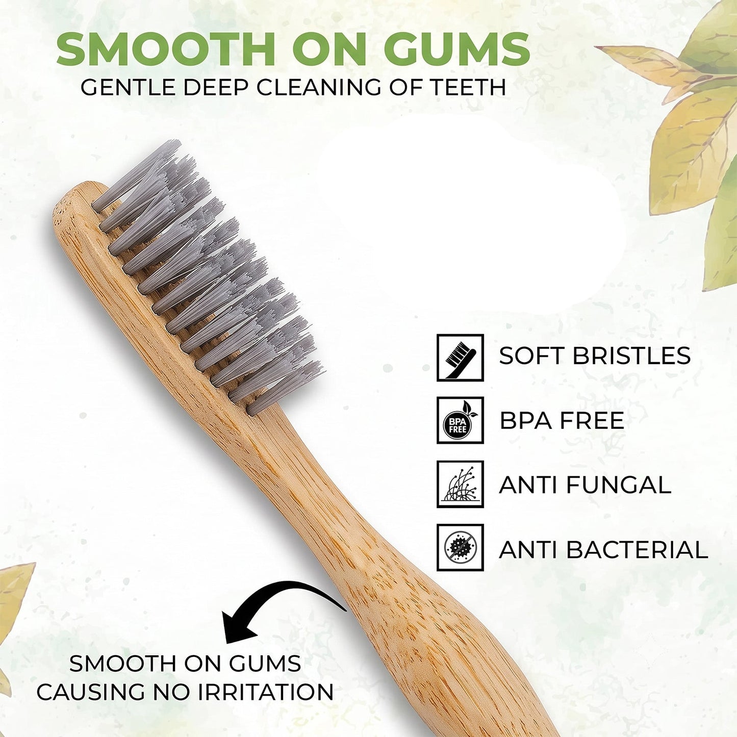 A close-up of a bamboo toothbrush head with grey bristles, surrounded by text highlighting its soft, BPA-free, anti-fungal,