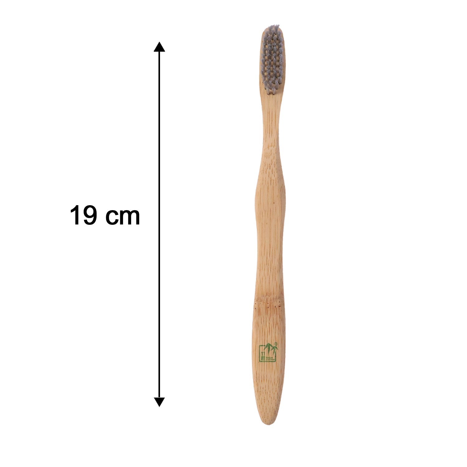 A single bamboo toothbrush with grey bristles is shown vertically on a white background, with a black arrow indicating its
